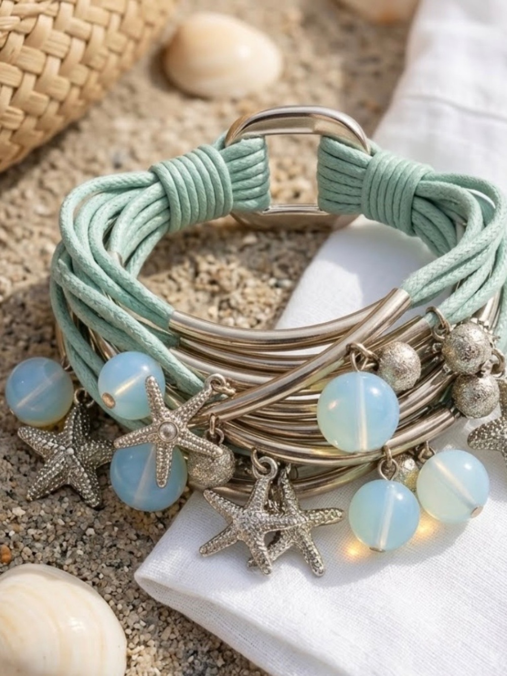 Coastal Beach Multi-Strand Tube Wrap Bracelet Starfish & Blue Beads